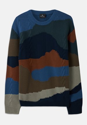Knitted sweater featuring a round neckline and varied textured patterns in shades of blue, green, brown, and gray with cable accents.