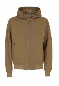 Felpa con zip marrone a coste, dotata di un alto colletto e cappuccio regolabile con cordino. Presenta due tasche laterali e polsini e orlo a coste.
