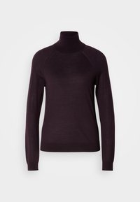Pull à col roulé violet foncé à manches longues avec poignets, ourlet et col côtelés, présenté sur un fond neutre.