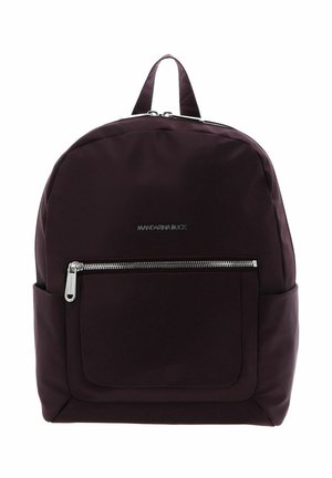 Sac à dos violet foncé avec poche zippée à l'avant, poignée supérieure et poches latérales, avec un petit logo de la marque à l'avant.