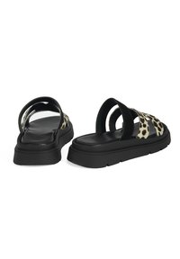 Zwarte platform sandalen met een leopardenprint band en twee ronde uitsparingen. Gladde textuur met een dikke zool voor comfort en ondersteuning.