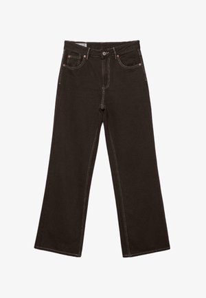 Black wide-leg jeans with contrast white stitching, five-pocket design, and button closure at the waist, laid flat on a white background.
