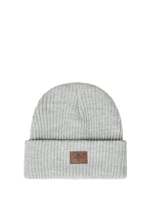 Light gray ribbed knit beanie with folded cuff and small brown leather patch label stitched on front.