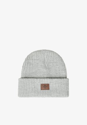 Light gray ribbed knit beanie with folded cuff and small brown leather patch label stitched on front.