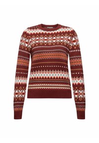Pull en tricot à manches longues, col rond, et base bordeaux avec des motifs géométriques en blanc, orange et marron. Ourlet côtelé.