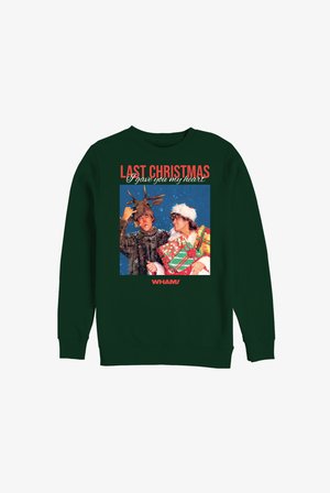 Zielona bluza z nadrukiem graficznym dwóch osób z akcesoriami o tematyce świątecznej, tekst "LAST CHRISTMAS" i "WHAM!"