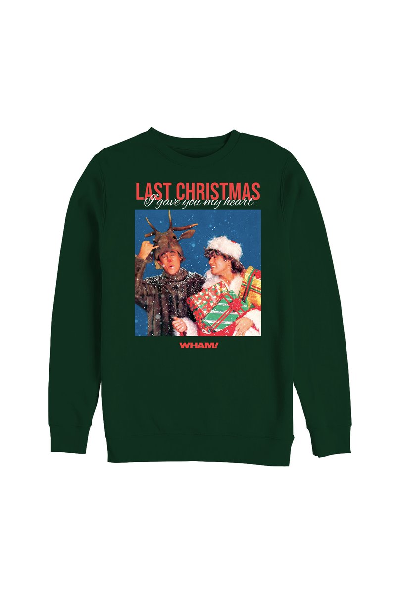 Zelená mikina s grafickou potiskem dvou osob s doplňky v tématu svátků, text „LAST CHRISTMAS“ a „WHAM!“
