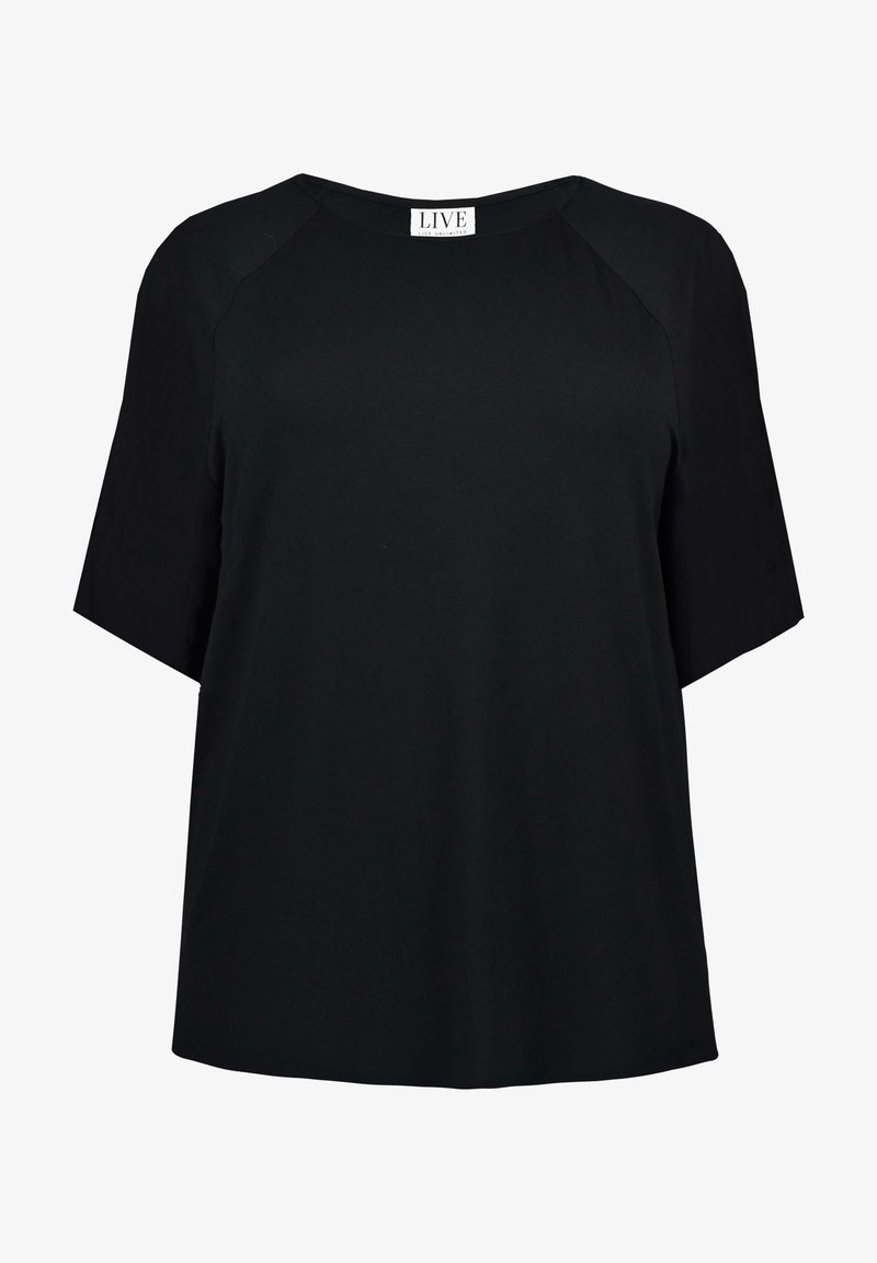 Top noir à manches courtes avec une coupe décontractée, un col rond et des manches raglan. Fabriqué en tissu lisse sans motifs ni ornements.
