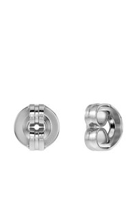 Hopeiset korvakorut, joissa on pyöreä muotoilu, sileä pinta, kaksi rinnakkaista viivaa ja kaareva, lenkkiin muodostuva muoto.