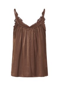 Haut sans manches marron avec un design froncé, orné de dentelle sur les bretelles et l'encolure, fabriqué dans un tissu lisse avec un léger éclat.