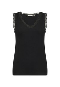 Musthave mustribu väike kaelus ja pitsi äärisega must tank top. Pehme kangas, mis järgib keha vorme.