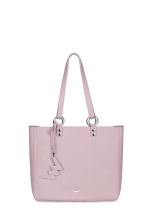 Pink faux leather tote bag with silver hardware, two shoulder straps, and a zigzag charm attached, featuring a structured design and open top.