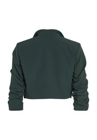 Kurtka typu cropped w ciemnozielonym materiale o prostym designie. Posiada kołnierz oraz marszczone długie rękawy, oferując gładką fakturę.