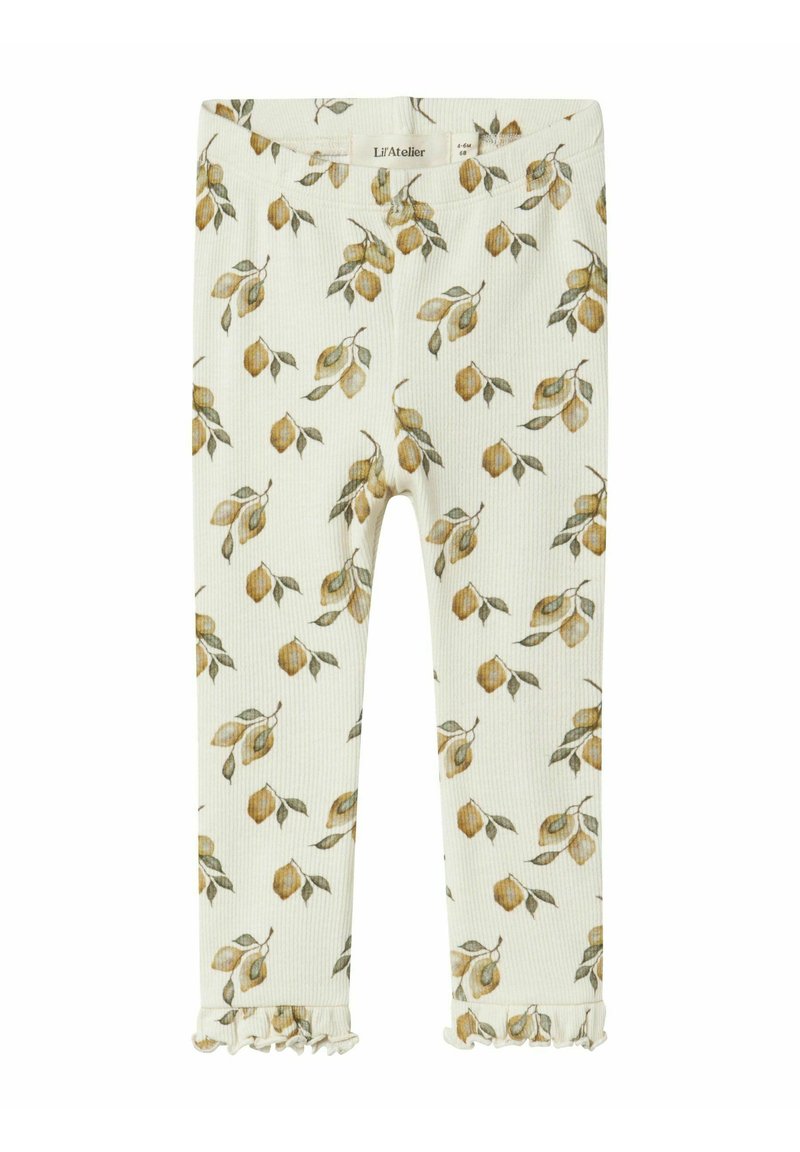 Ribbed leggings vaaleassa sävyssä, joissa on keltainen ja vihreä kukkakuosi, koristeltuna röyhelöhelman alaosassa. Pehmeä materiaali ja joustava vyötärö.