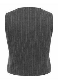 Grå väst med vertikalt stickat mönster, ärmlös design, texturerad tyg och figurnära passform. Ingen synlig hårdvara eller accenter.