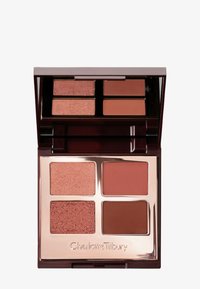 Compact makeup palette featuring four rectangular shades: two shimmers in light peach and pink, and two matte tones in warm brown and terracotta.