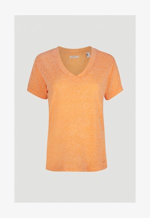 T-shirt met korte mouwen en V-hals in een levendige oranje kleur, gemaakt van een gestructureerde stof met een lichte gemêleerde look. Standaard pasvorm.