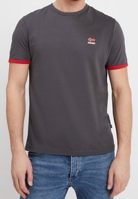 Harmaa lyhythihainen t-paita, jossa punainen koristeraita hihoissa ja pieni kirjailtu Norjan lipun kuvio rinnassa. Puuvillamateriaalia.