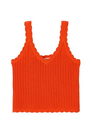 Débardeur tricoté orange vif avec bords festonnés sur les bretelles, le décolleté et l'ourlet, présentant une texture côtelée verticale.