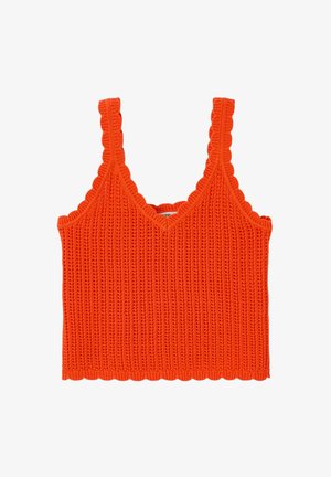 Débardeur tricoté orange vif avec bords festonnés sur les bretelles, le décolleté et l'ourlet, présentant une texture côtelée verticale.