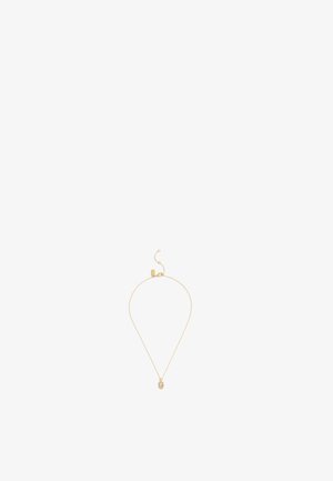 Collier en chaîne dorée au design élégant et fin, avec un petit pendentif ovale au centre. Fermoir simple avec une courte chaîne d'extension.