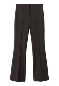 Pantalones negros acampanados de tela suave, con pliegue frontal, cintura plana y sin bolsillos visibles ni detalles metálicos.