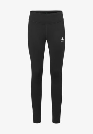 Black leggings made from stretchy fabric with a high waistband. Features a small white logo on the front. Smooth texture, form-fitting design.