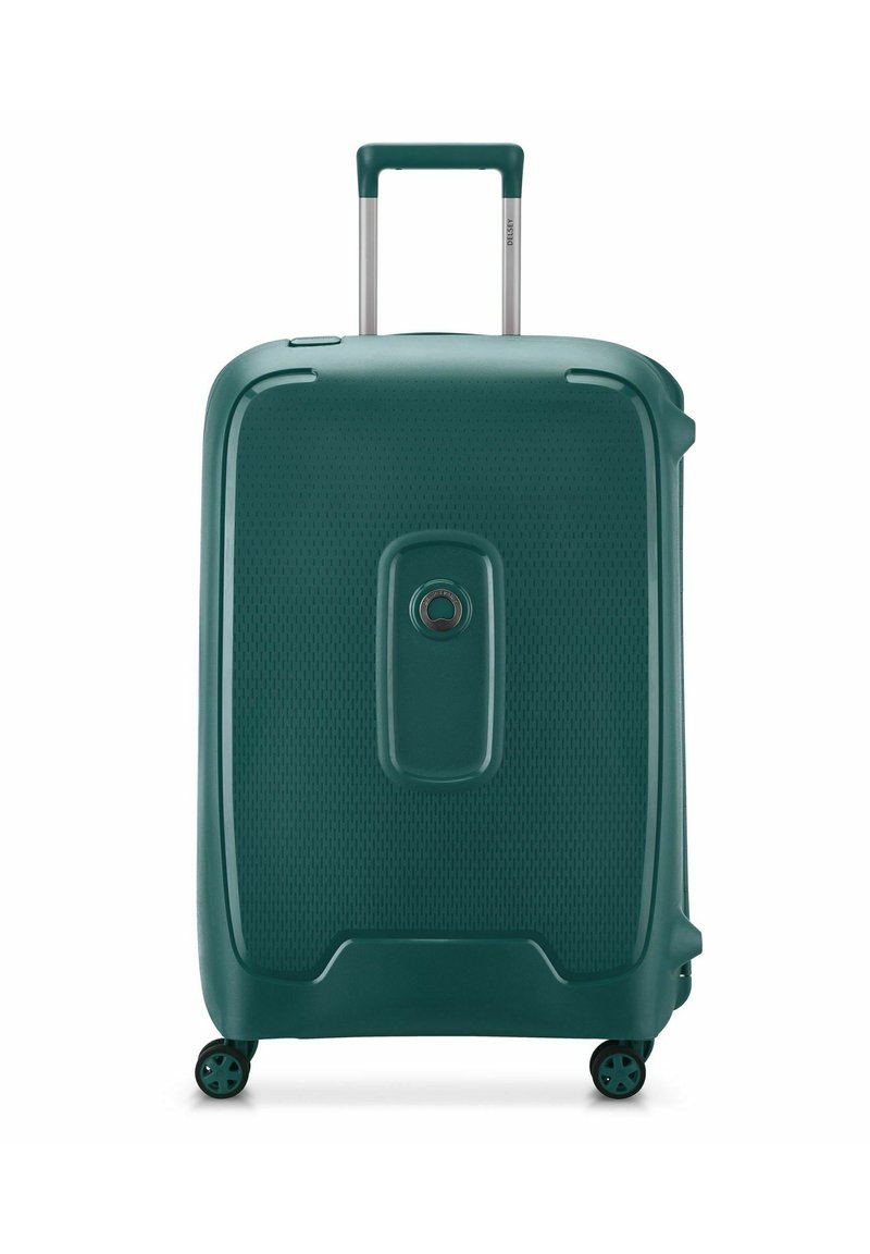 Valise rigide en bleu sarcelle avec une surface texturée, une poignée rétractable, quatre roulettes et un verrou central. Design compact et durable.