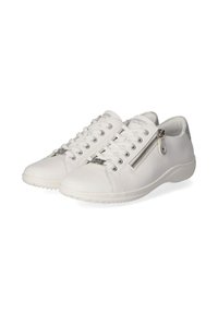 Baskets en cuir blanc avec un design à lacets, détail de zip sur le côté et semelle en caoutchouc texturée. Finition lisse avec des accents minimalistes.