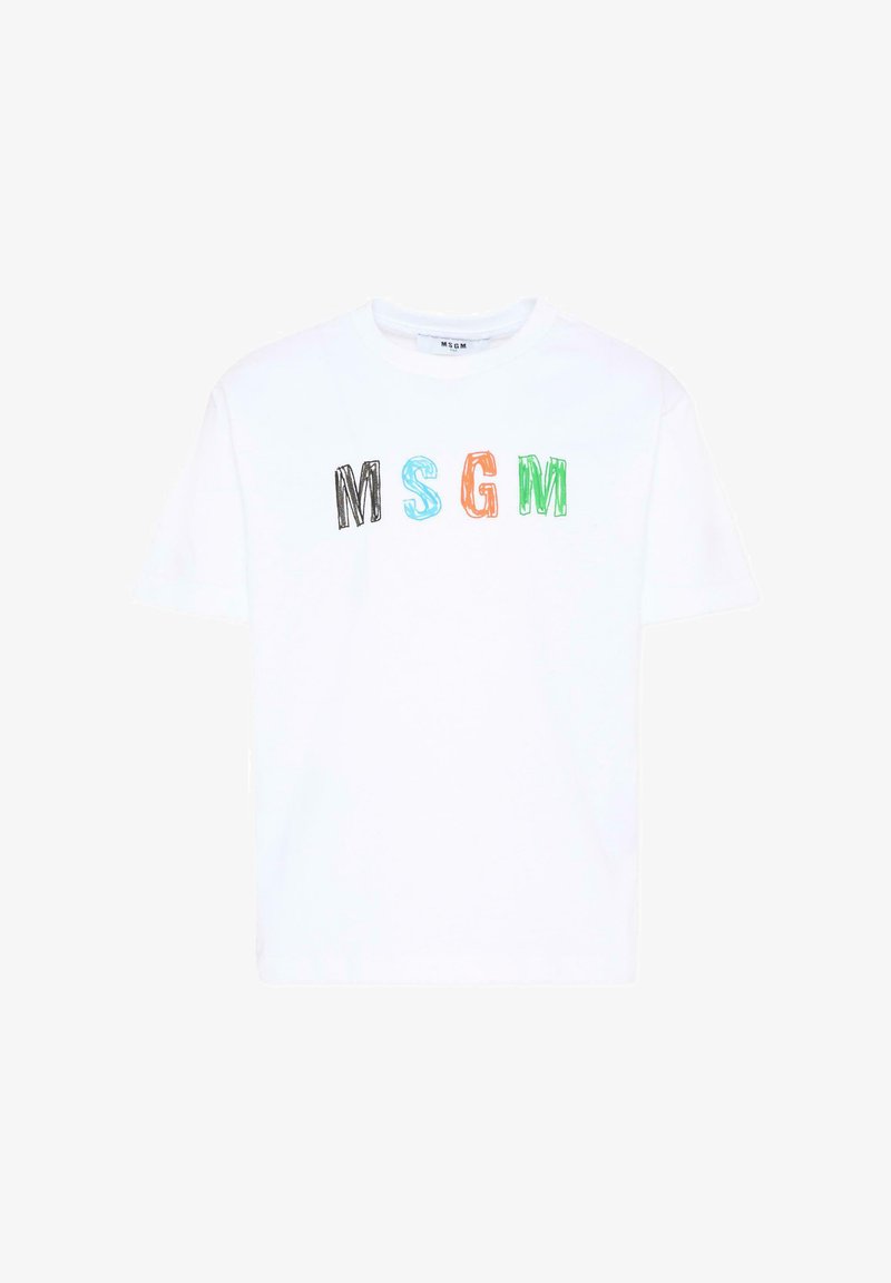 T-shirt blanc à manches courtes avec des lettres "MSGM" multicolores de style croquis centrées sur la poitrine.