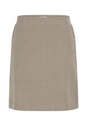 Falda beige con un diseño recto, que presenta rayas blancas verticales, una textura suave y una cinturilla elástica para mayor comodidad.