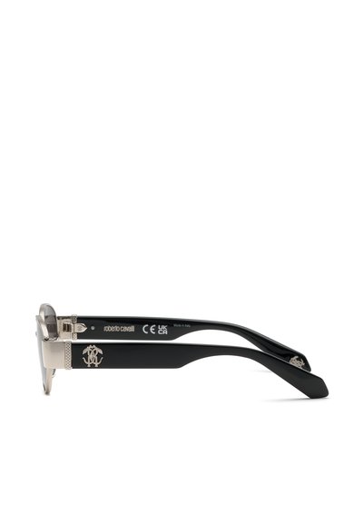 Lunettes de soleil Roberto Cavalli noires et argentées avec verres ronds, pont en métal et logo sur les branches, vues de côté sur fond blanc.
