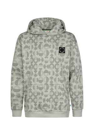 Sudadera con capucha gris claro con patrón geométrico abstracto en gris oscuro y un pequeño parche de logo circular negro en el pecho izquierdo, bolsillo frontal y puños acanalados.