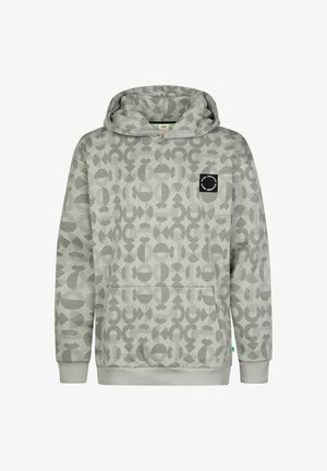 Jasnoszara bluza z kapturem z abstrakcyjnym ciemnoszarym geometrycznym wzorem oraz małą czarną okrągłą naszywką logo po lewej stronie piersi, przednią kieszenią i ściągaczami na mankietach.