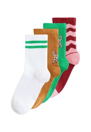 Set von vier Socken: weiß mit grünen Streifen, braun, grün und kastanienbraun mit rosa Streifen. Jede hat eine gerippte Textur und unterschiedliche Farben.
