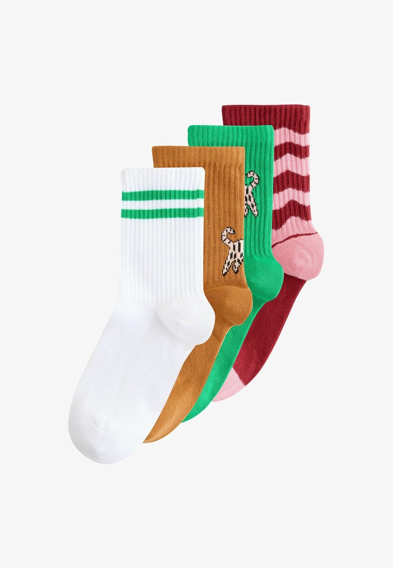 Four colorful ribbed socks in white with green stripes, brown and green with leopard patterns, and red with pink wavy stripes, arranged side by side.