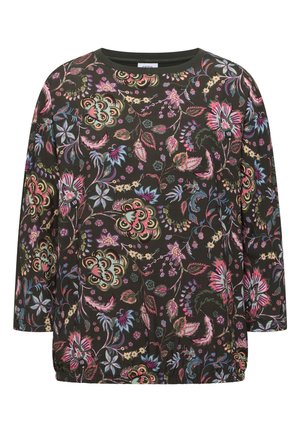 Blouse à manches longues à fleurs sombres avec motifs multicolores de fleurs et de feuilles en rose, bleu, jaune et vert, dotée d'un col rond.