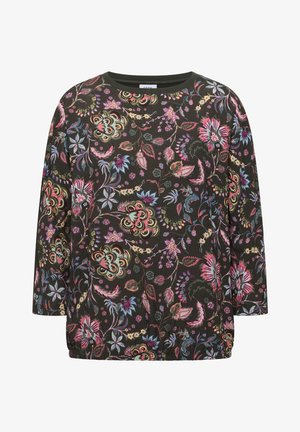 Blouse à manches longues à fleurs sombres avec motifs multicolores de fleurs et de feuilles en rose, bleu, jaune et vert, dotée d'un col rond.