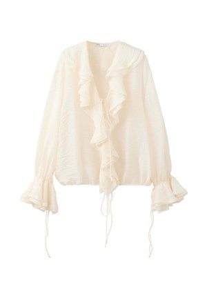 Blusa de manga larga color crema con cuello con volantes, lazos delanteros y puños acampanados con detalles adicionales de lazos.
