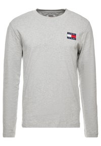 Helles graues Langarm-T-Shirt aus weicher Baumwolle. Verfügt über ein kleines, mehrfarbiges Logo-Patch auf der Brust und einen runden Ausschnitt.