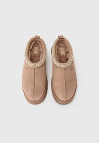 Pair of tan suede slip-on slippers with soft fur lining, decorative stitching around the collar, and UGG logo on each shoe.