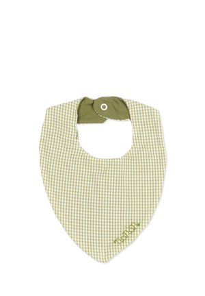 Bavaglino per neonato a quadretti verdi e bianchi con chiusura a scatto verde oliva e piccolo testo ricamato in basso a destra.