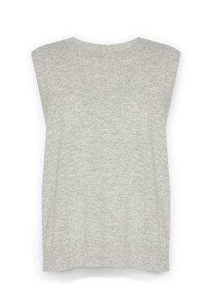 Top senza maniche di maglia grigio chiaro con scollatura rotonda e una consistenza liscia, con cuciture laterali e una vestibilità leggermente ampia.