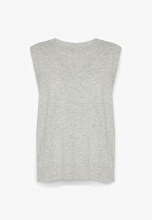 Světle šedý bezrukávový pletený top s kulatým výstřihem a hladkým povrchem, se bočními švy a mírně volným střihem.
