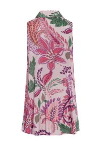 Sleeveless floral dress in soft pink fabric features large pink and purple flowers, green leaves, and a collar, with a flowing design.