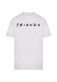 White cotton t-shirt featuring the word "FRIENDS" in black text, adorned with colored dots between the letters. Short sleeves, round neckline.