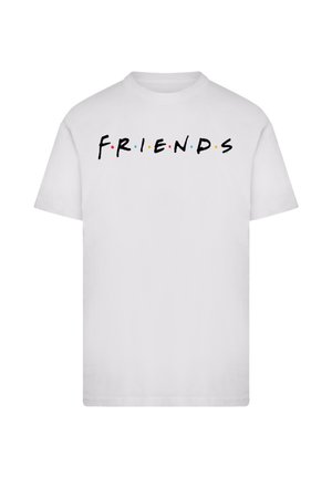 White cotton t-shirt featuring the word "FRIENDS" in black text, adorned with colored dots between the letters. Short sleeves, round neckline.