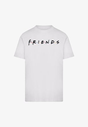 Weißes Baumwoll-T-Shirt mit dem Wort "FREUNDE" in schwarzem Text, dekoriert mit bunten Punkten zwischen den Buchstaben. Kurze Ärmel, runder Ausschnitt.