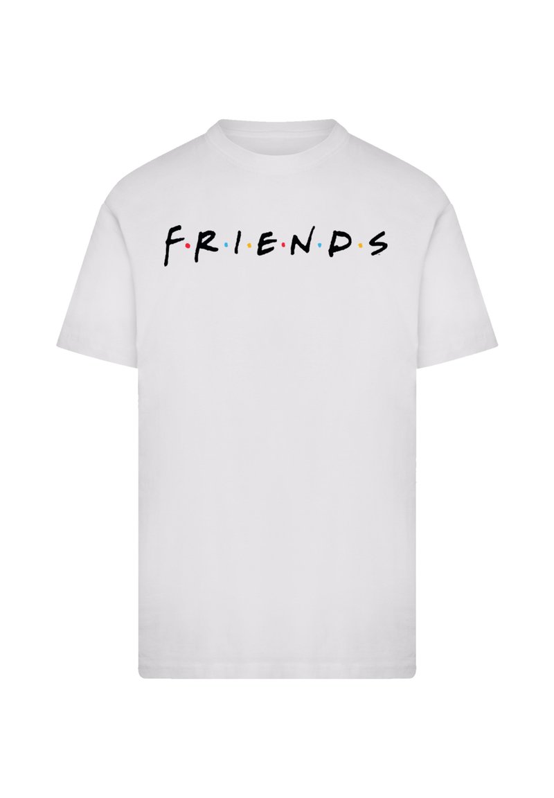 White cotton t-shirt featuring the word "FRIENDS" in black text, adorned with colored dots between the letters. Short sleeves, round neckline.