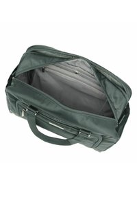 Borsa da viaggio verde scuro con superficie texture, dotata di due maniglie, chiusura con zip e un ampio interno con rivestimento grigio.